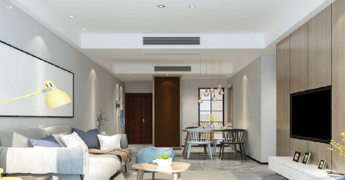 Cửa gió máy lạnh âm trần được tích hợp gọn gàng trên trần, nhấn mạnh sự đồng bộ trong thiết kế nội thất và hệ thống điều hòa.