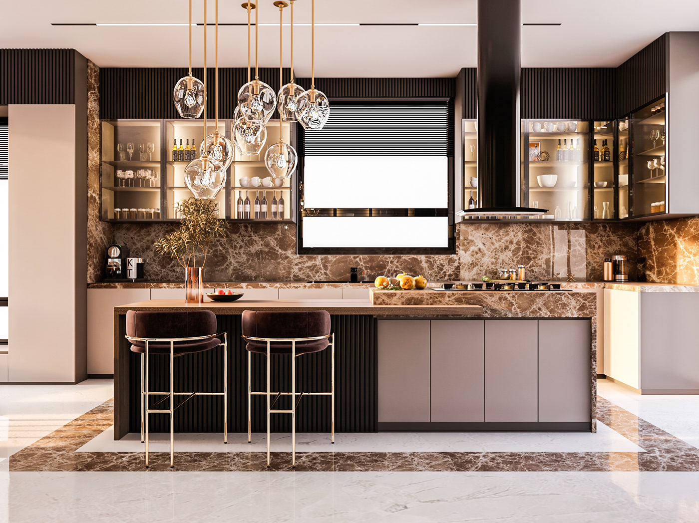 Phòng bếp luxury với đảo bếp ốp đá cẩm thạch đen, bàn ăn và ghế bọc nệm sang trọng.