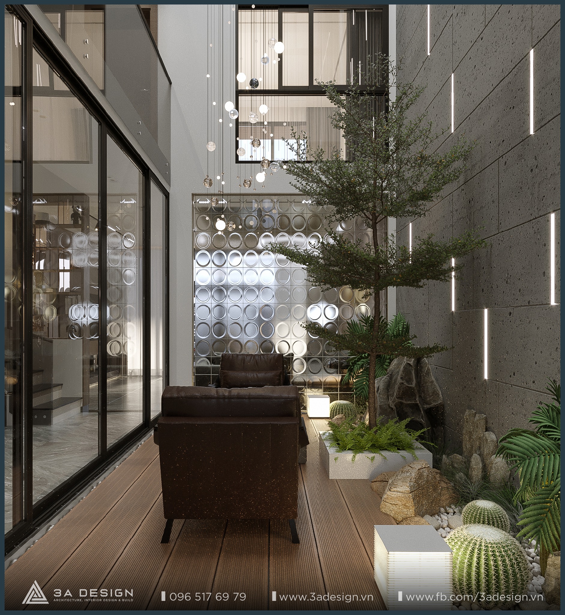 Khu vực giếng trời với mảng tường bê tông, cây xanh và ánh sáng tự nhiên giúp nhà phố thông thoáng và điều tiết nhiệt hiệu quả.