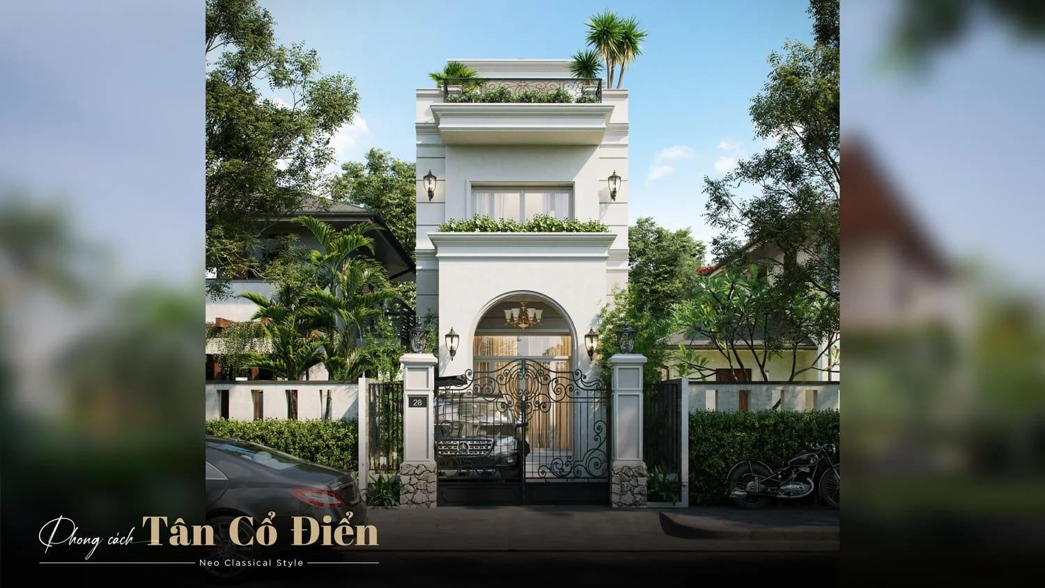 Mặt tiền nhà phố tân cổ điển với cổng sắt uốn nghệ thuật, mái vòm, phào chỉ, ban công cây xanh và màu trắng kem đặc trưng – thiết kế bởi 3A Design.