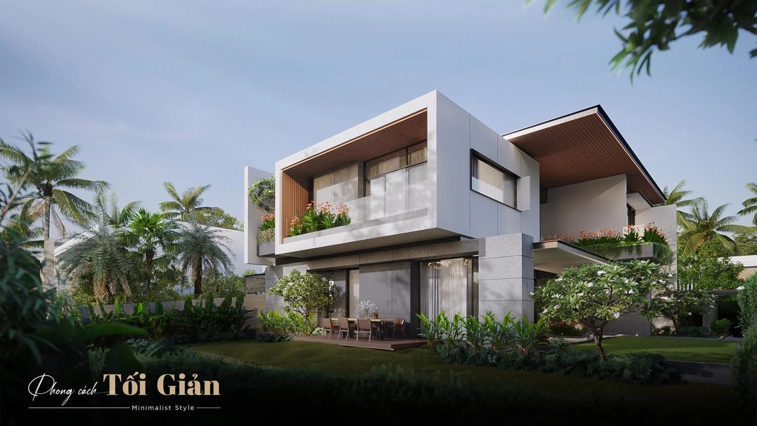 Biệt thự hiện đại phong cách tối giản, mái dốc, khối hộp vuông, vật liệu gỗ – kính – đá, phối cảnh nhiều cây xanh và sân vườn – thiết kế bởi 3A Design.