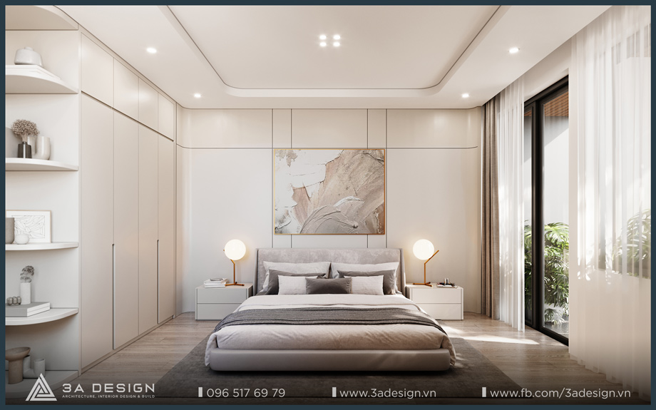 Phòng ngủ phong cách tân cổ điển hiện đại, gam màu trung tính tinh tế, cửa kính lớn đón ánh sáng tự nhiên.