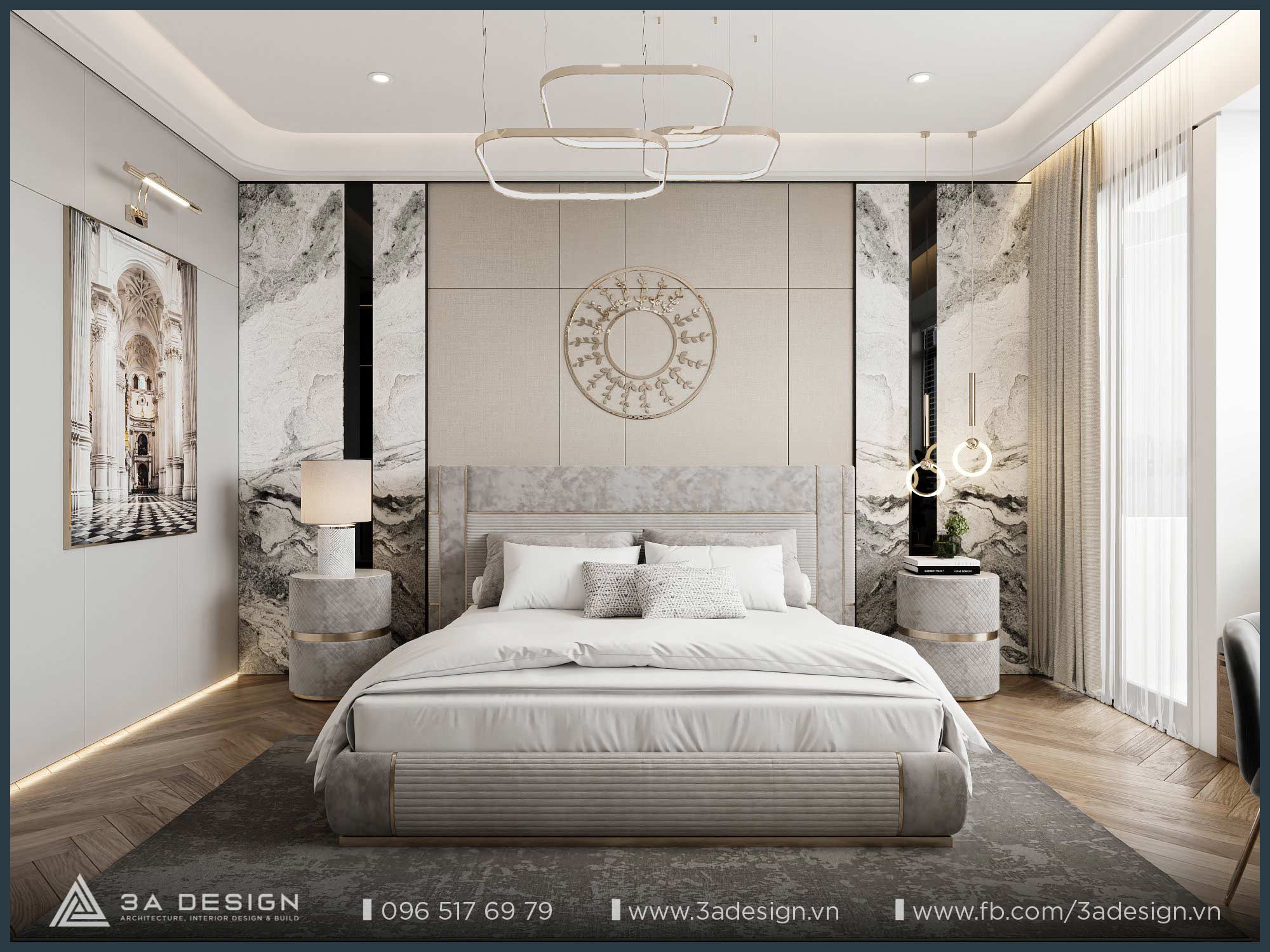 Phòng ngủ tân cổ điển với vách đầu giường ốp đá cẩm thạch và nỉ, đèn chùm độc đáo và tranh nghệ thuật.