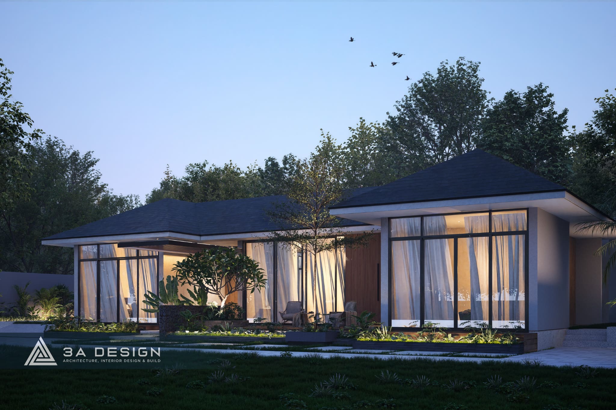 Không gian nghỉ dưỡng hiện đại với cây xanh và cửa sổ rộng mở, tạo sự thoáng đãng và gần gũi thiên nhiên.
