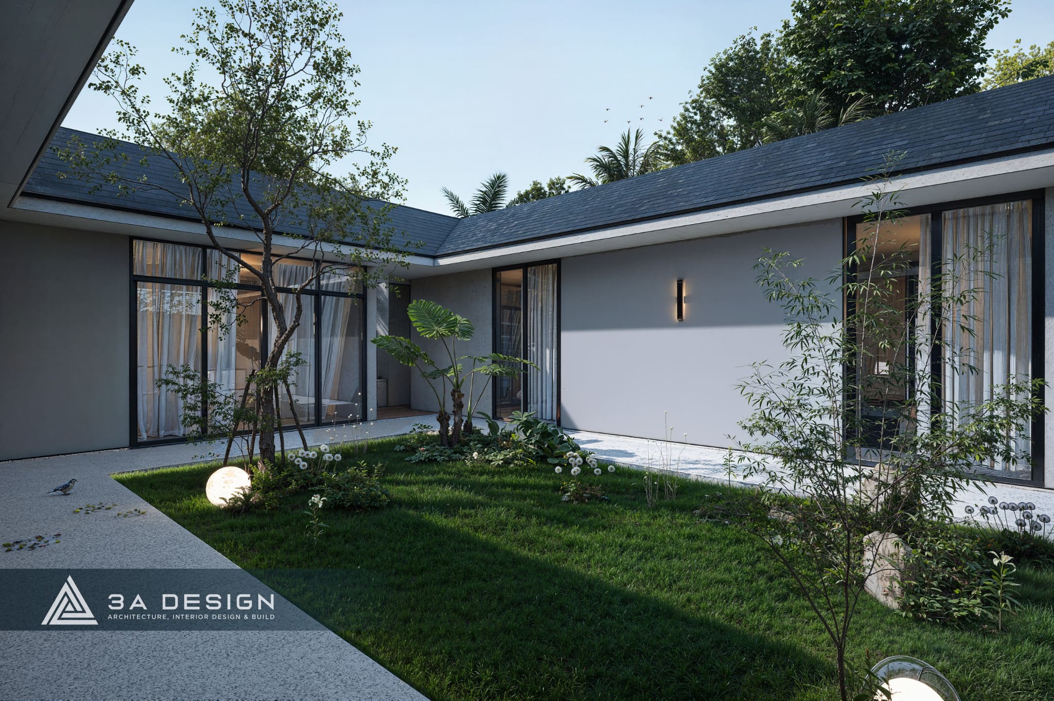 Country House Tây Ninh - Sân giữa xanh mát, thiết kế hiện đại, tạo điểm kết nối giữa các thế hệ trong gia đình.