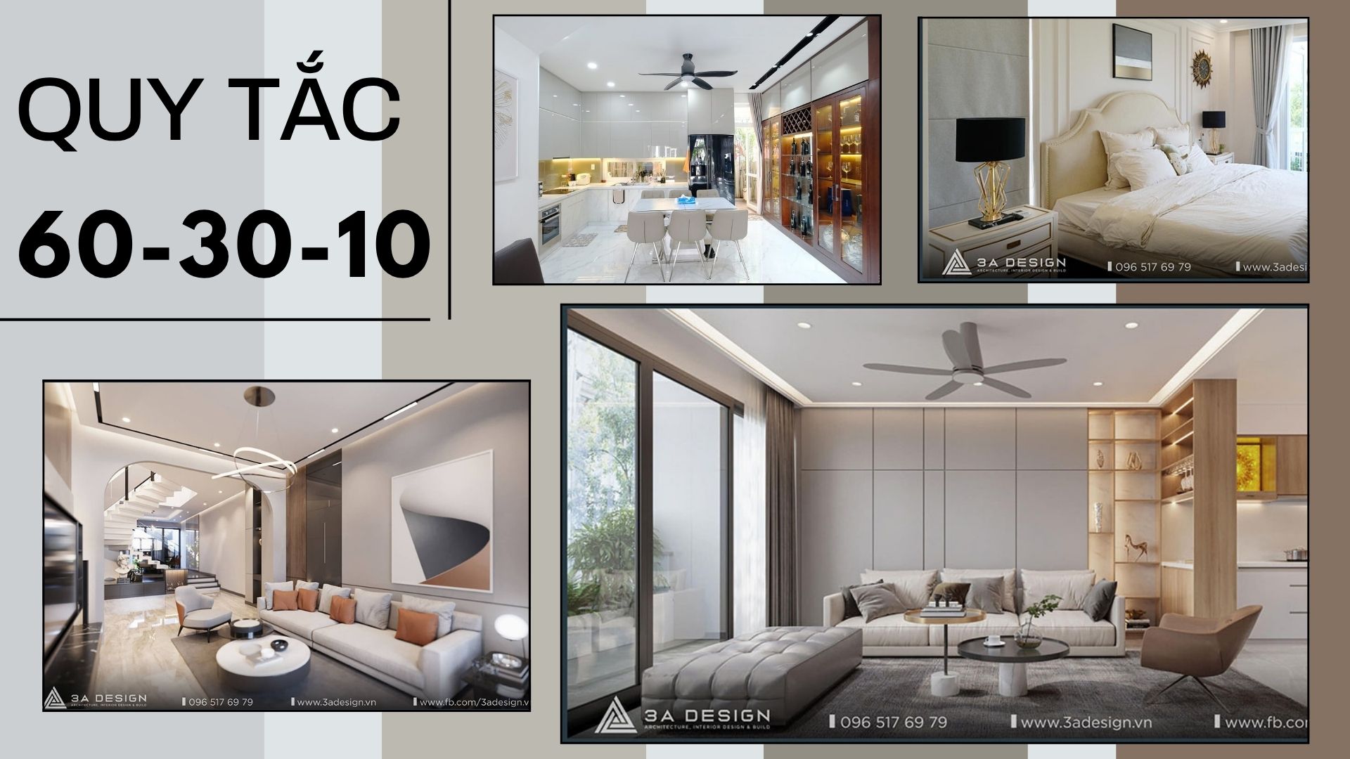 Nguyên Tắc 60-30-10 trong phối hợp màu sắc nội thất phòng khách, bếp và phòng ngủ hiện đại.