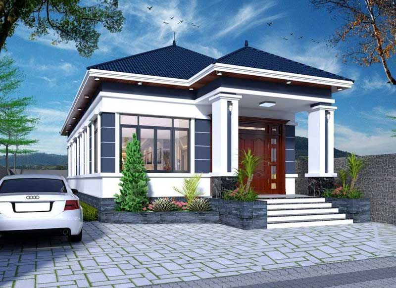 Mẫu nhà 8x12m 1 tầng, kiến trúc Mái Thái hiện đại, màu trắng và xanh đậm, mặt tiền bề thế.
