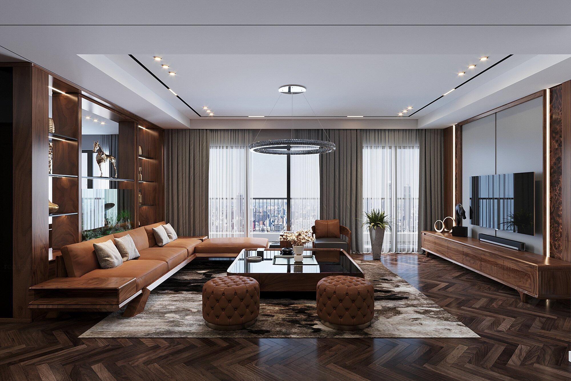 Nội thất phòng khách sang trọng với bộ sofa bọc da lớn, khung gỗ óc chó, tạo điểm nhấn uy nghi và đẳng cấp.