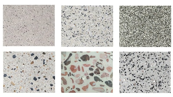 Các mẫu bề mặt bê tông đá mài với hoa văn tự nhiên, hạt đá granite đa sắc, tạo nên hiệu ứng thẩm mỹ sang trọng và độc bản.