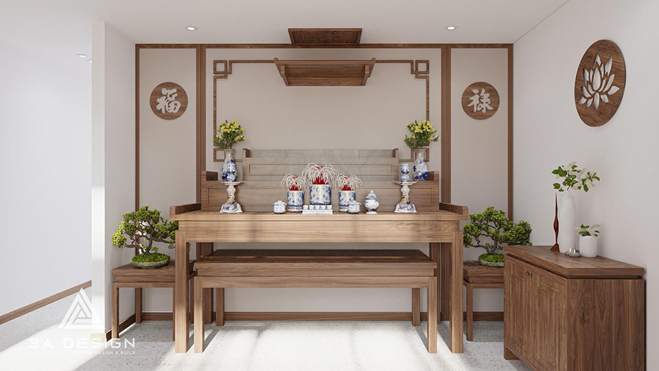 nội thất hiện đại của một ngôi nhà phố, với bàn thờ gỗ tối giản, các vật phẩm thờ cúng và trang trí mang đậm nét truyền thống.