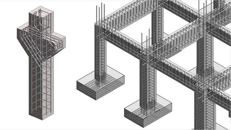 Mô hình kỹ thuật cốt thép dầm, cột, móng. Minh họa cấu tạo cốt thép chịu lực (cốt chủ) và cốt thép đai.