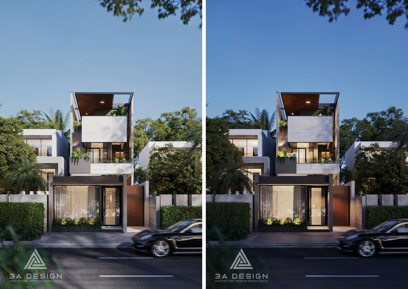 Phối cảnh so sánh thiết kế nhà phố mặt tiền hiện đại, minh họa độ chính xác về kết cấu và ranh mốc xây dựng, là kết quả của một bộ hồ sơ thiết kế chuẩn mực.