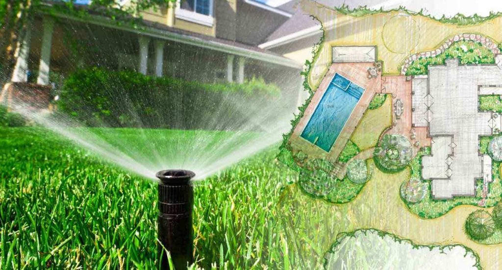 hệ thống tưới tự động (sprinkler) đang hoạt động trên bãi cỏ, lồng ghép với bản vẽ thiết kế cảnh quan.