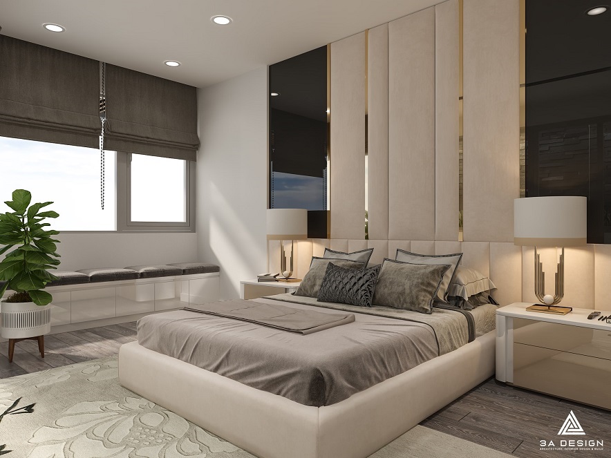 Phòng ngủ hiện đại với cửa sổ lớn, giường ngủ bọc nỉ và tường đầu giường trang trí.