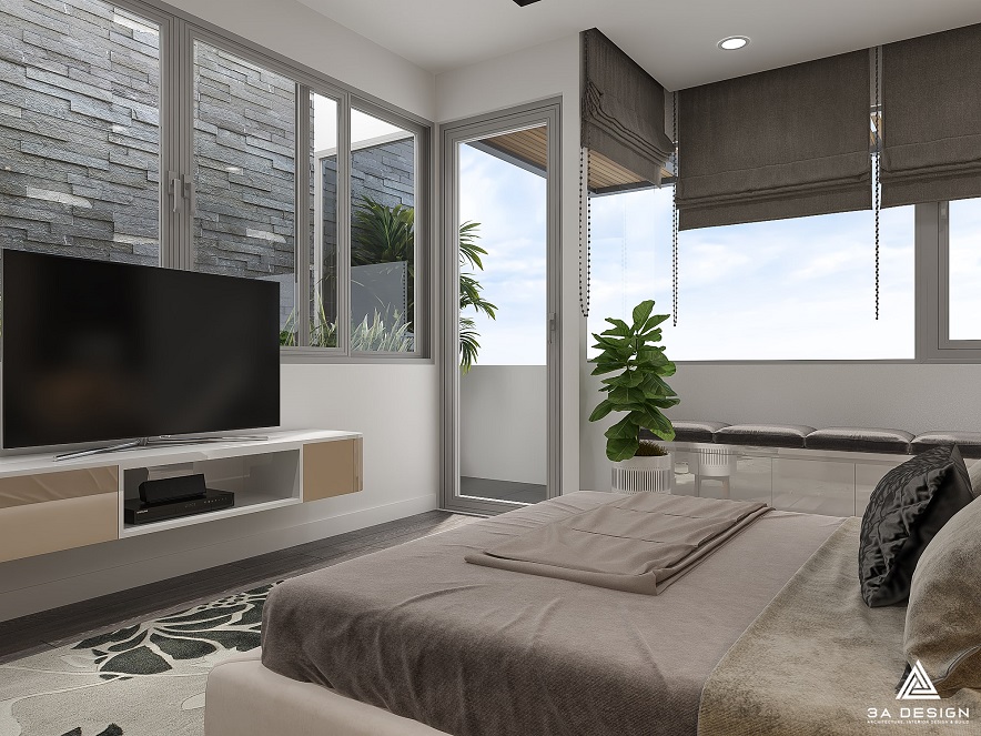 Thiết kế phòng ngủ hiện đại với cửa sổ lớn, rèm cuốn và nội thất tối giản.