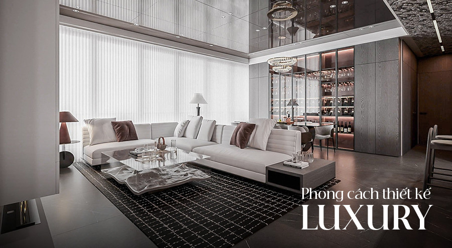 Phòng khách luxury với sofa trắng, bàn trà kính, đèn chùm pha lê và tủ rượu sang trọng.
