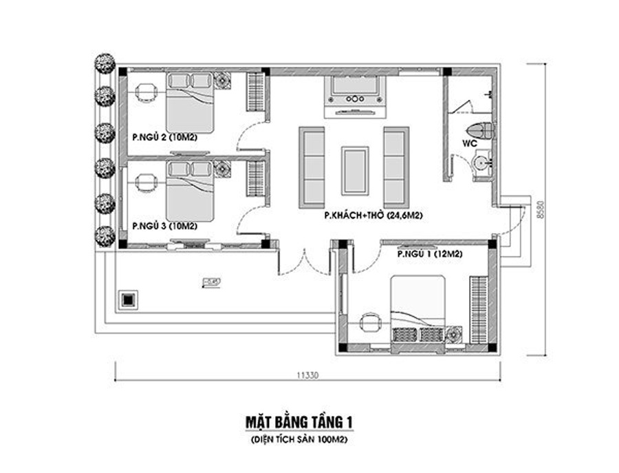 Mặt bằng nhà 1 tầng 3 phòng ngủ