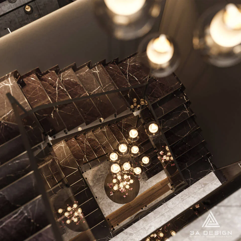 không gian lối cầu thang được trang trí đèn thả hiện đại