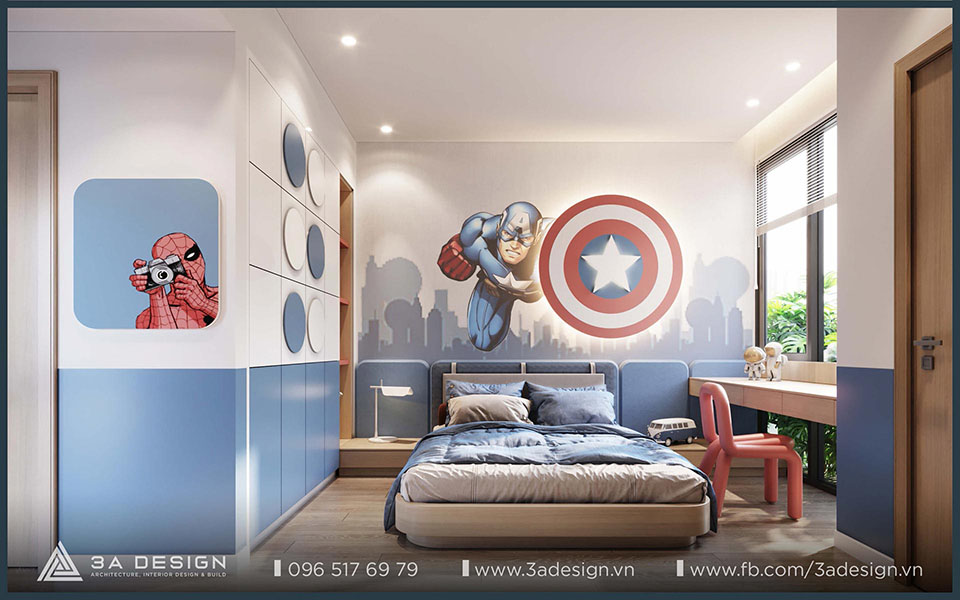 Phòng ngủ bé trai với chủ đề siêu anh hùng Marvel, giường đơn màu xanh, tranh tường Captain America và Spiderman, bàn học bên cửa sổ, tủ áo âm tường, thiết kế bởi 3A Design.