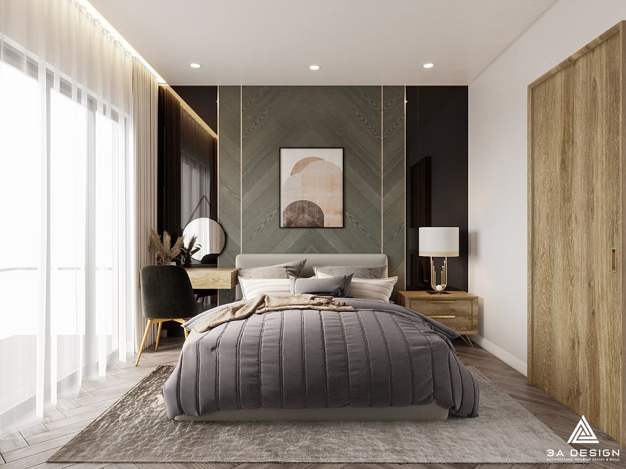 Nội thất phòng ngủ hiện đại, sang trọng, vách đầu giường ốp gỗ xương cá và tường đen, giường bọc nệm, bàn trang điểm, tủ gỗ và cửa sổ lớn.