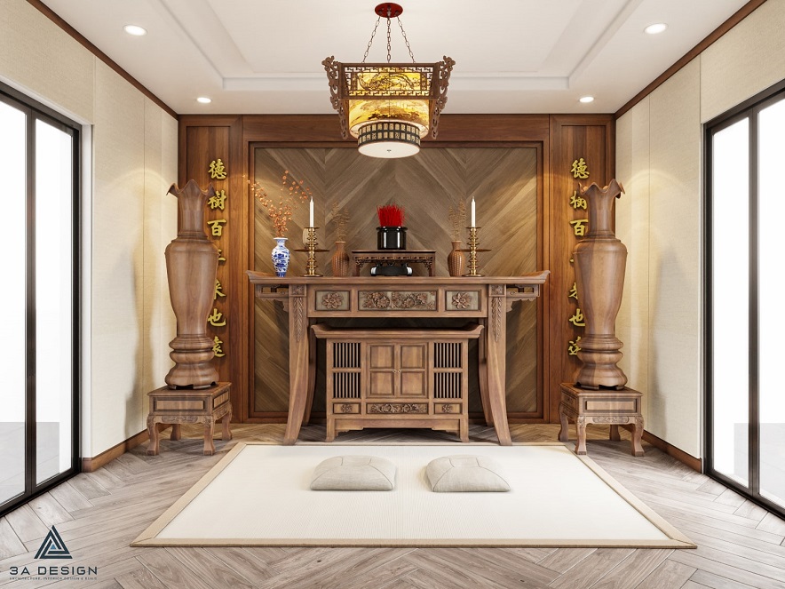 Phòng thờ được thiết kế trang nghiêm với nội thất gỗ tự nhiên, ánh sáng ấm áp, thường được đặt ở tầng tum.