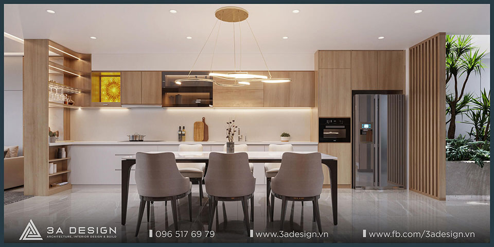 Thiết kế bếp hiện đại, tủ gỗ sáng, bàn ăn sang trọng, tích hợp tiểu cảnh xanh, thể hiện công năng đa năng.