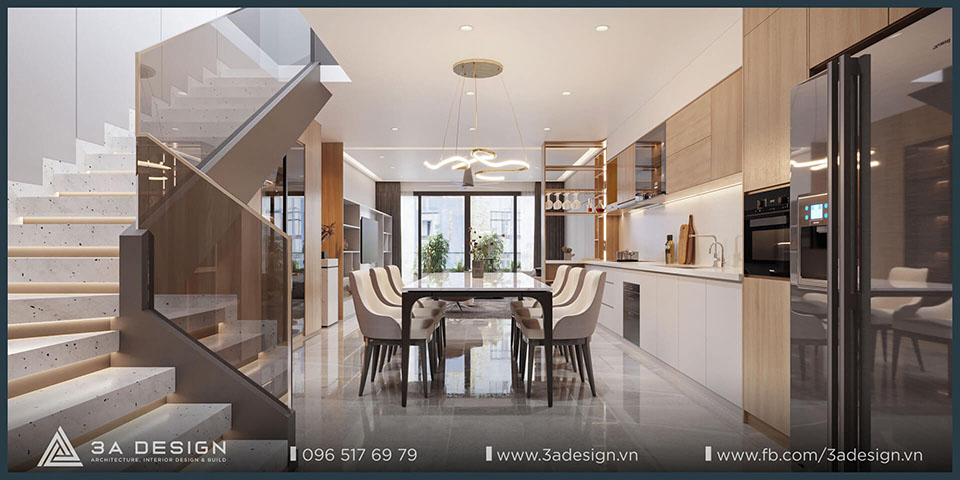Nội thất bếp và phòng ăn hiện đại, liền mạch, cầu thang kính. Minh họa cho thiết kế thấu hiểu lối sống và tối ưu công năng.