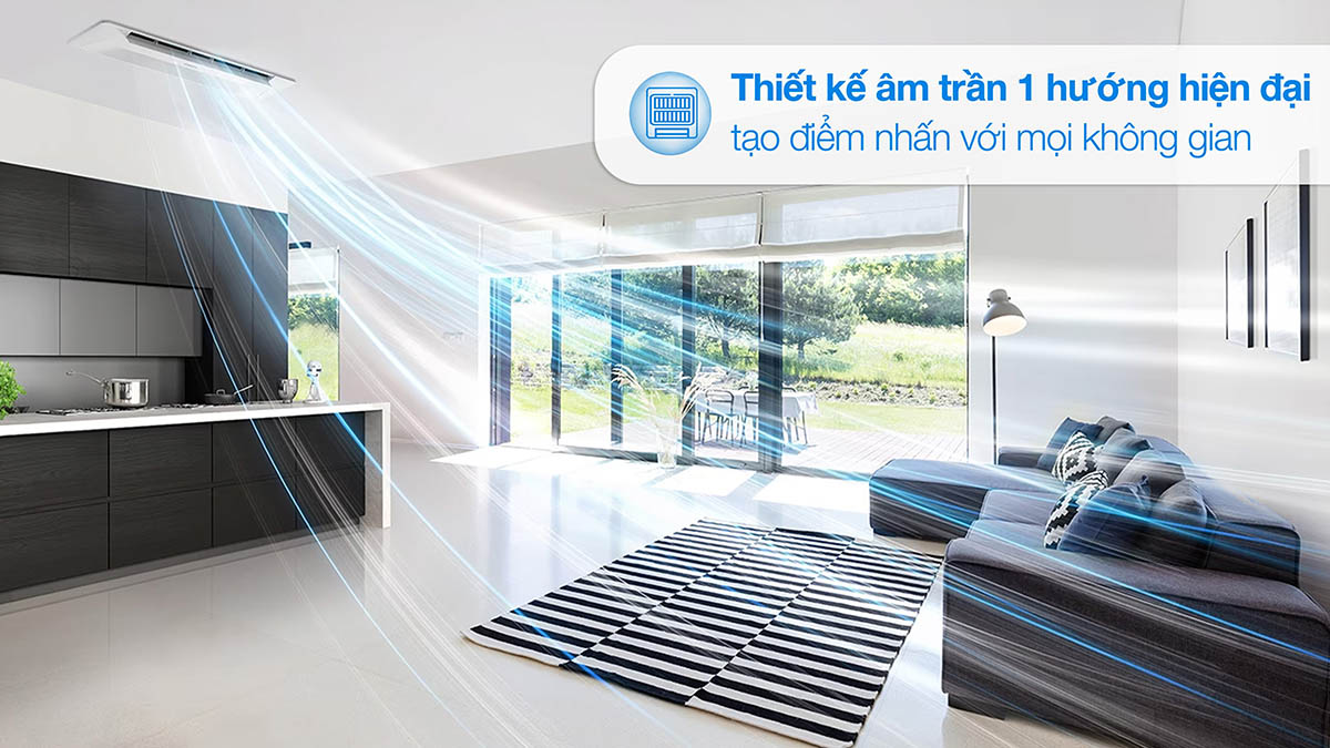 Phòng khách hiện đại với máy lạnh âm trần (dàn lạnh giấu trần) lắp đặt tinh tế trong trần thạch cao, hòa hợp với đèn âm trần, tối ưu thẩm mỹ không gian.