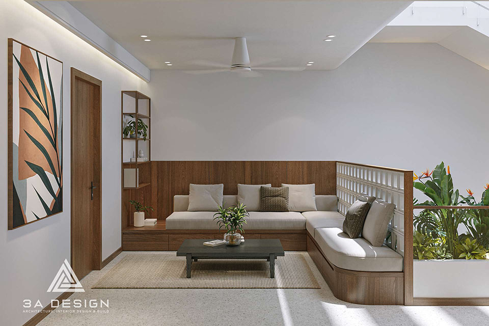 Góc sinh hoạt nhỏ với sofa có ngăn chứa, giếng trời sáng tự nhiên – thiết kế tiết kiệm không gian cho nhà phố hiện đại bởi 3A Design.