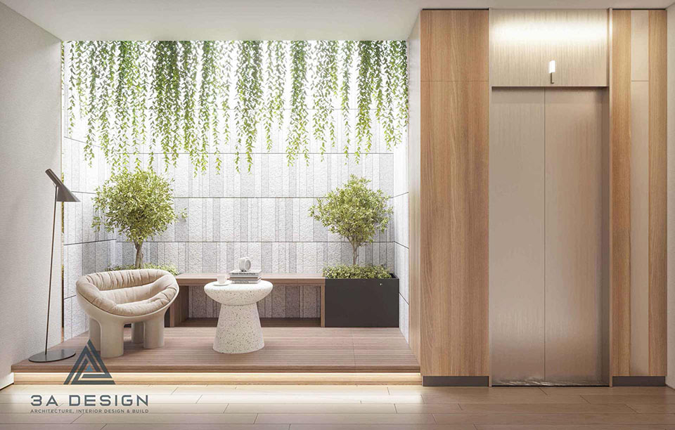 Không gian nhỏ bên giếng trời với ánh sáng tự nhiên, cây xanh và bàn ghế thư giãn – thiết kế hiện đại của 3A Design.