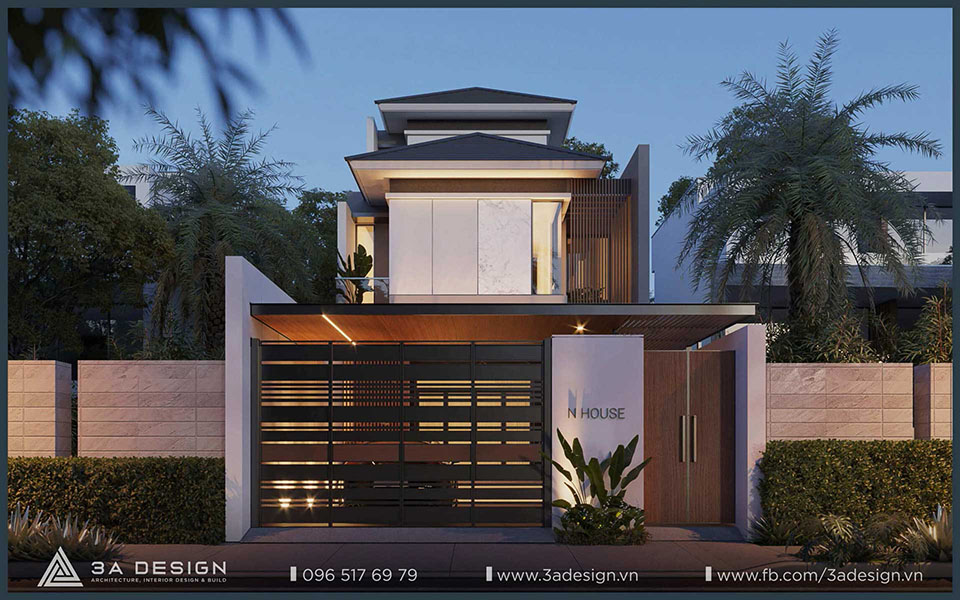 Thiết kế nhà phố hiện đại 2 tầng với sân trước, ban công và mảng xanh, tối ưu công năng sinh hoạt chung và nghỉ ngơi.
