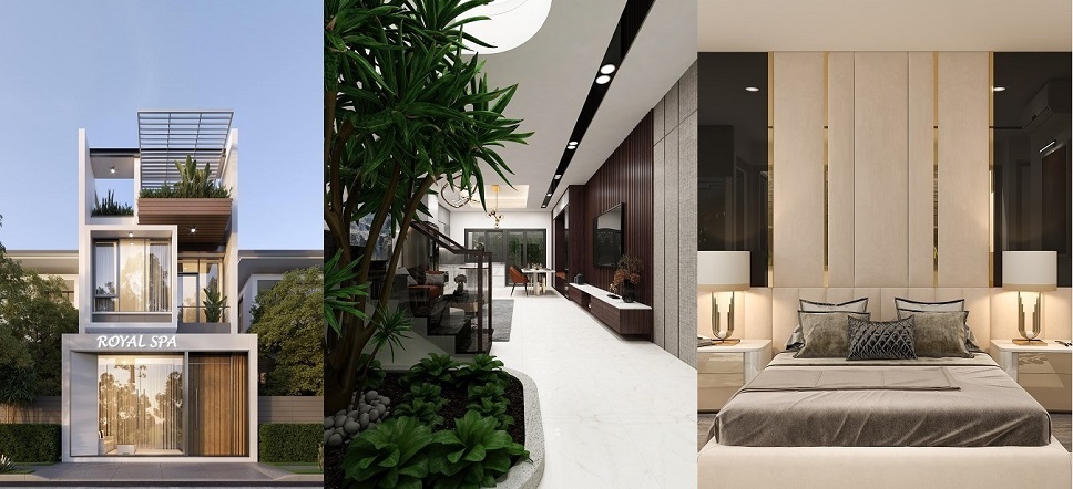 Thiết kế nhà phố và nội thất với sự kết hợp của vật liệu gỗ, đá và kính, tạo nên không gian sống hiện đại và sang trọng.