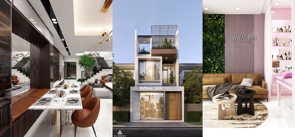 Mặt tiền nhà phố hiện đại với cổng nhà nan gỗ, kiến trúc khối trắng, đảm bảo Giá Trị Bền Vững và thẩm mỹ cao.
