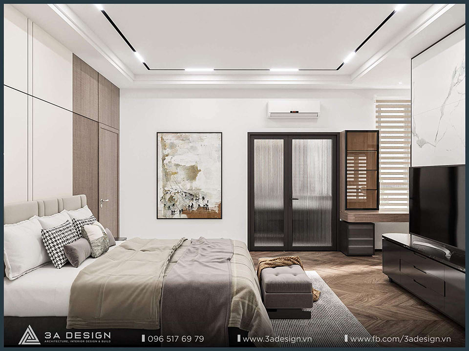 Phòng ngủ hiện đại với trần nhà thiết kế đèn ray và đèn LED dây, tủ quần áo gỗ, và kệ TV.