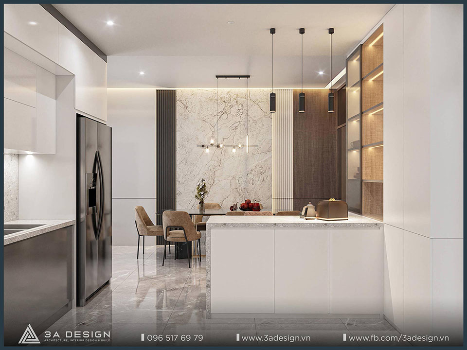 Phòng bếp hiện đại với tủ bếp chữ I, đảo bếp tiện lợi và bàn ăn liên thông, thiết kế tối ưu diện tích.