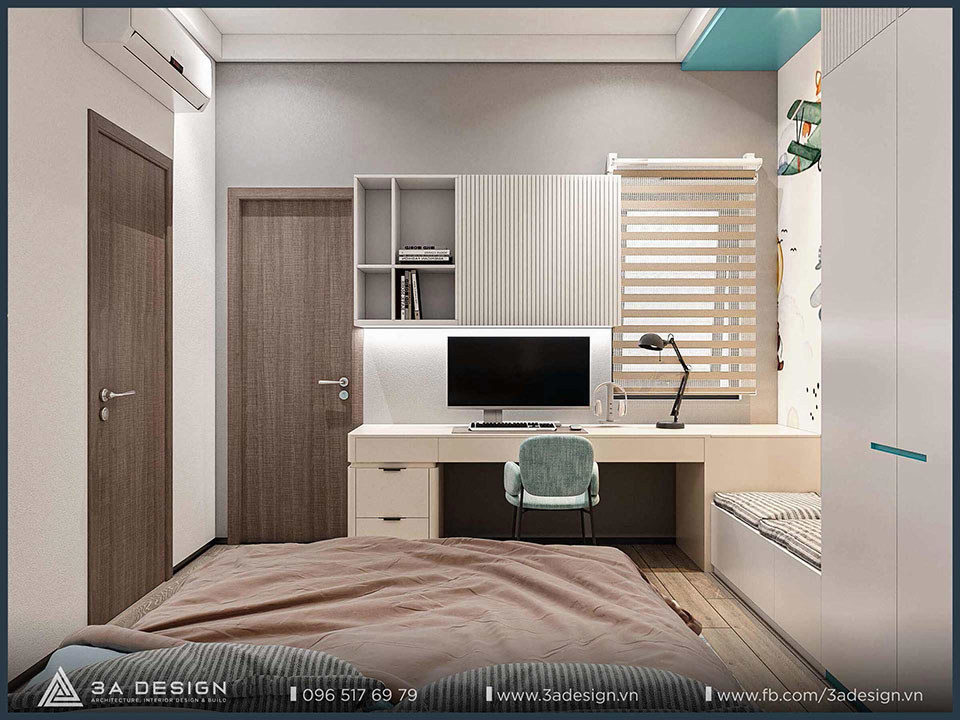 Phòng ngủ hiện đại với bàn làm việc tích hợp tủ kệ, giường ngủ, và khu vực ghế ngồi, thể hiện sự tối ưu hóa công năng và thẩm mỹ trong thiết kế nội thất.