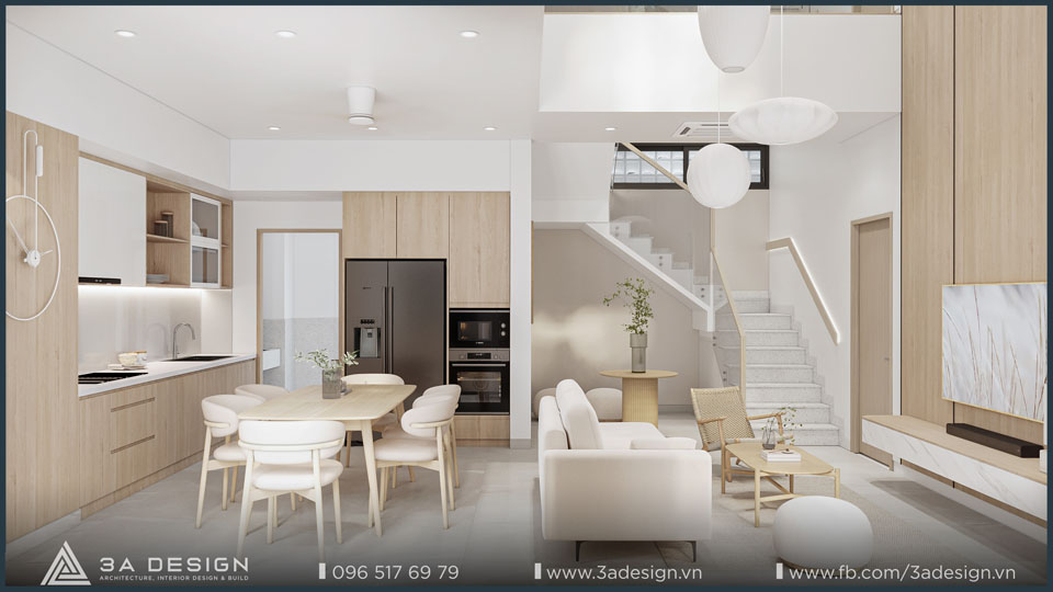 Nội thất nhà phố phong cách Minimalism, bố cục liên thông bếp – khách với nội thất gọn gàng, tông màu sáng, chất liệu gỗ tự nhiên và ánh sáng tinh tế.