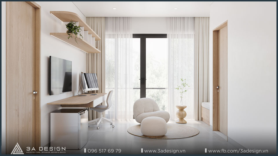 Phòng ngủ tối giản với cửa sổ lớn đón ánh sáng tự nhiên, tông màu trung tính nhẹ nhàng, thiết kế tinh tế mang cảm hứng từ Minimalism.