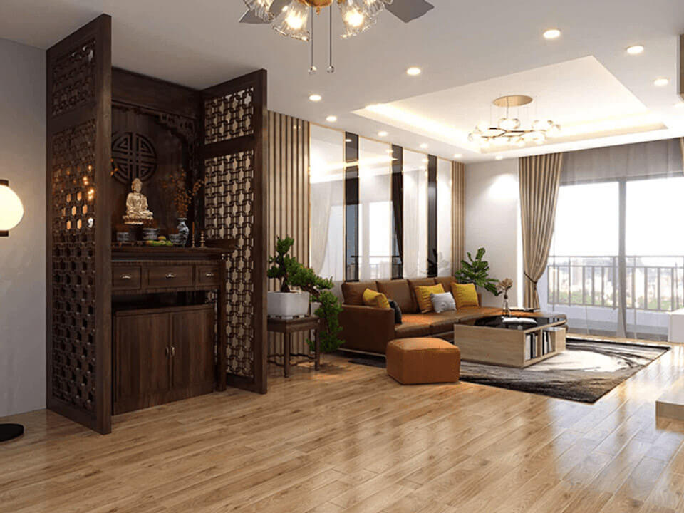 nội thất một ngôi nhà với thiết kế phòng thờ và phòng khách được kết hợp hài hòa.