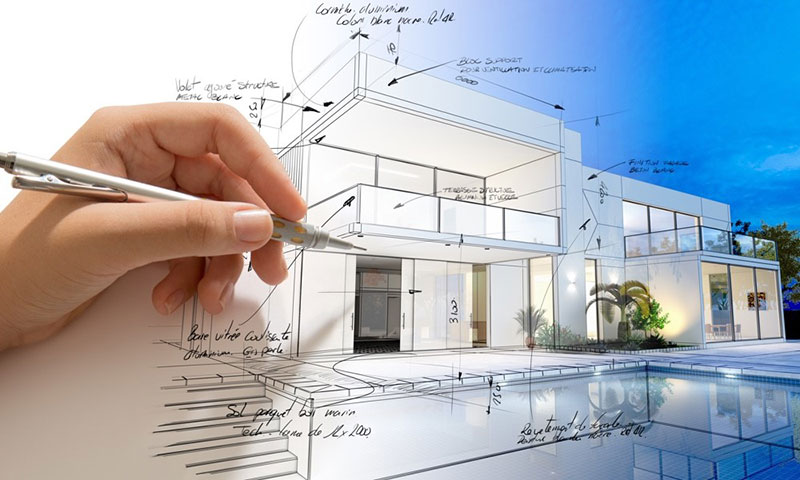 Quá trình phác thảo Hồ sơ thiết kế chuẩn (bản vẽ kỹ thuật) trên phối cảnh 3D của nhà phố hiện đại, minh họa sự chân thật hóa ý tưởng và tính chính xác của bản vẽ.