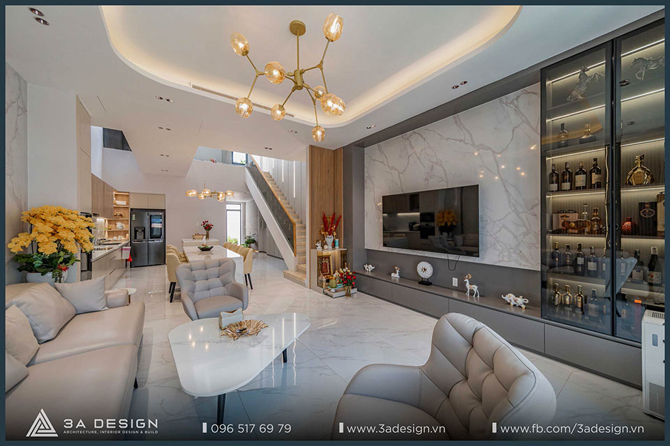 khu vực sinh hoạt chính của TT House – Bình Phước, một công trình nhà phố hiện đại do 3A Design thực hiện từ thiết kế đến thi công hoàn thiện.