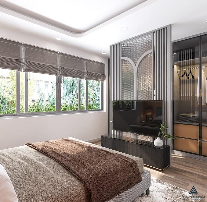 Phòng ngủ hiện đại với vách kính trang trí, tủ quần áo và kệ tivi.