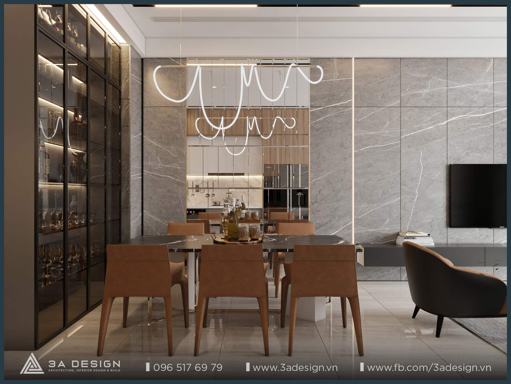 Thiết kế phòng khách hiện đại với tường bê tông đá mài xám kết hợp nội thất gỗ và kim loại, mang đến sự hài hòa giữa thô mộc và tinh tế.