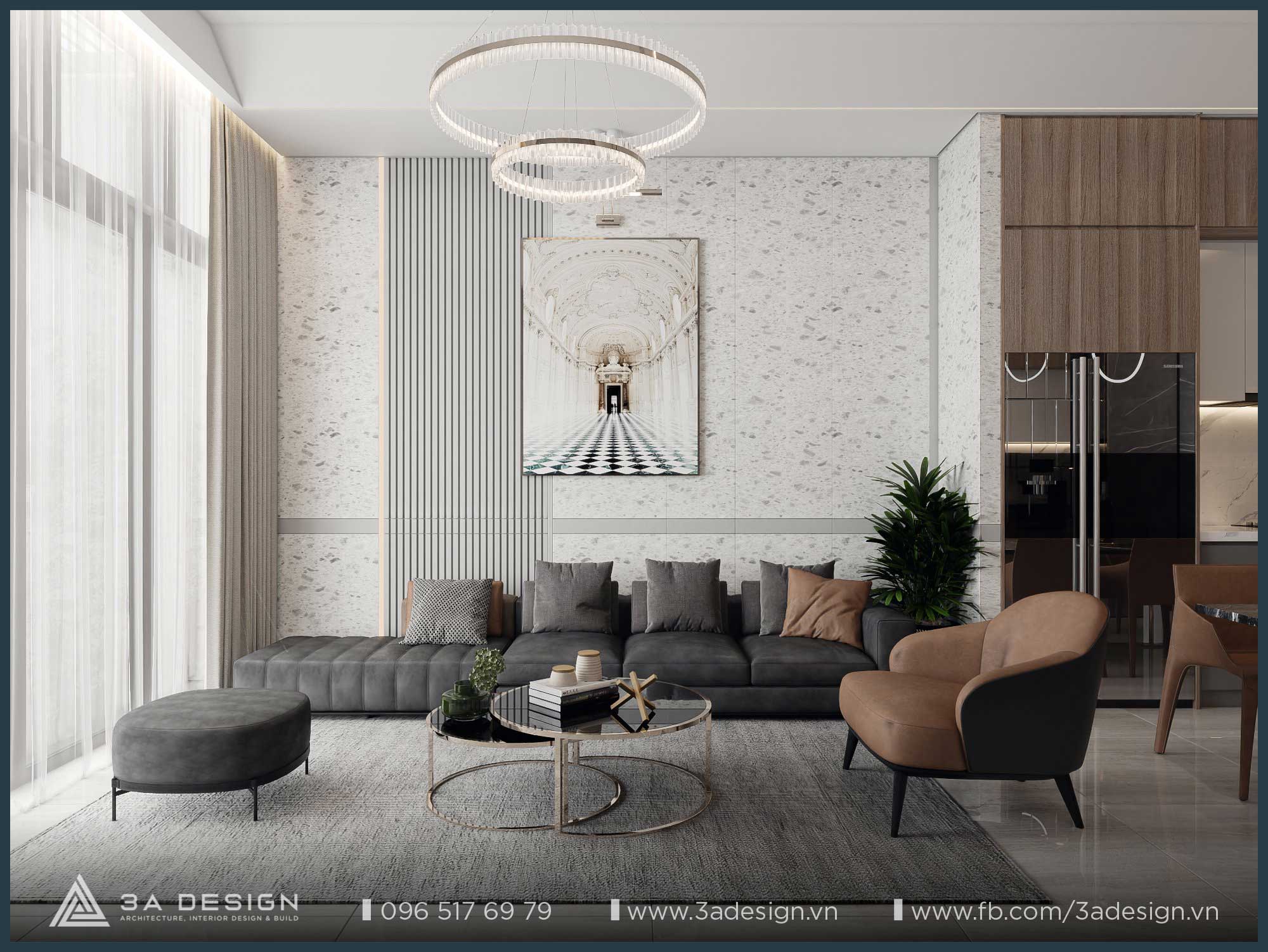 Phòng khách hiện đại với vách sau sofa trang trí bằng đá terrazzo và gỗ, sofa màu xám và đèn chùm độc đáo.
