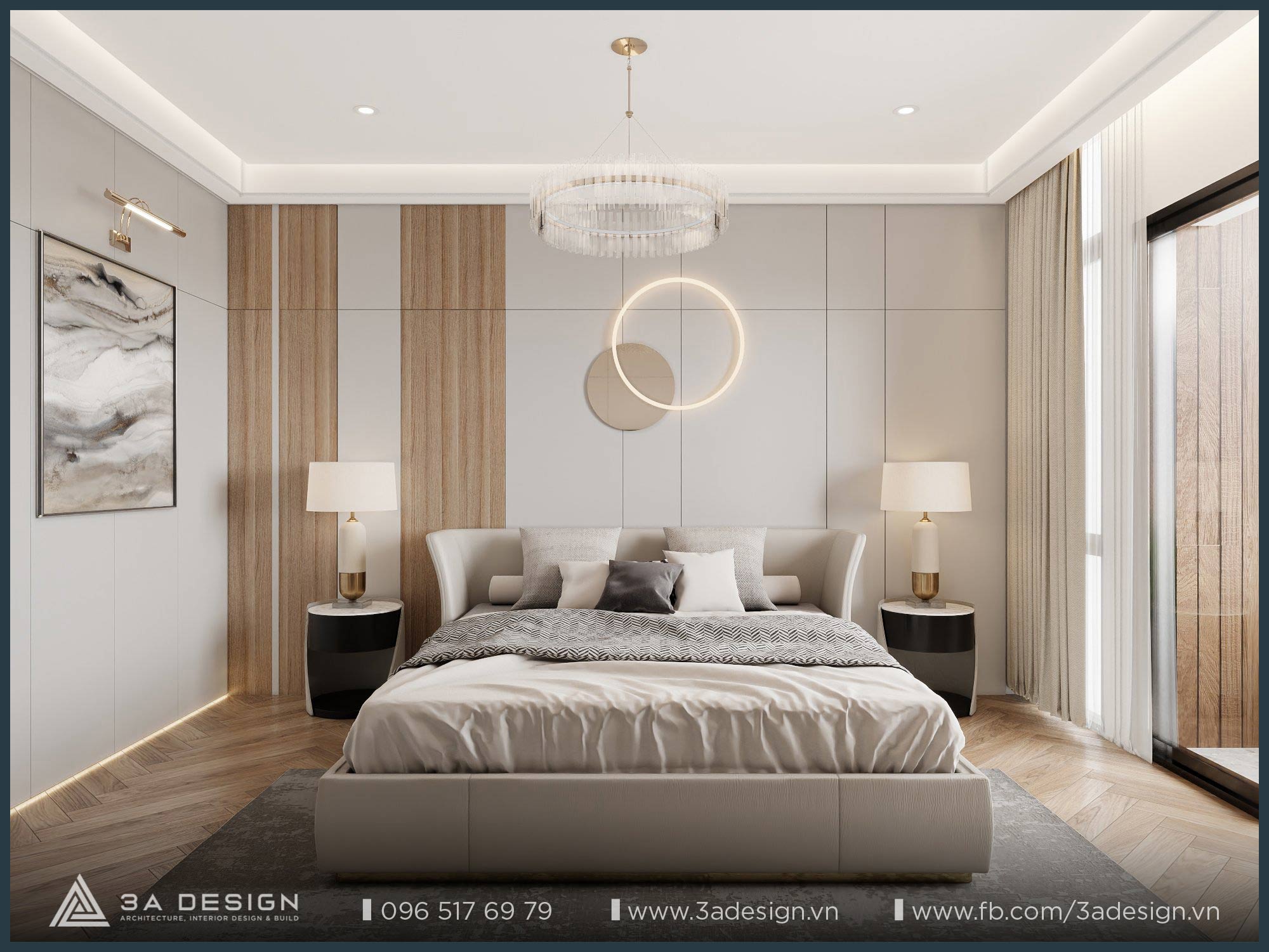 Nội thất phòng ngủ hiện đại với vách đầu giường ốp gỗ và tường màu kem, giường bọc nệm, đèn trần trang trí, tủ quần áo âm tường và cửa sổ lớn.