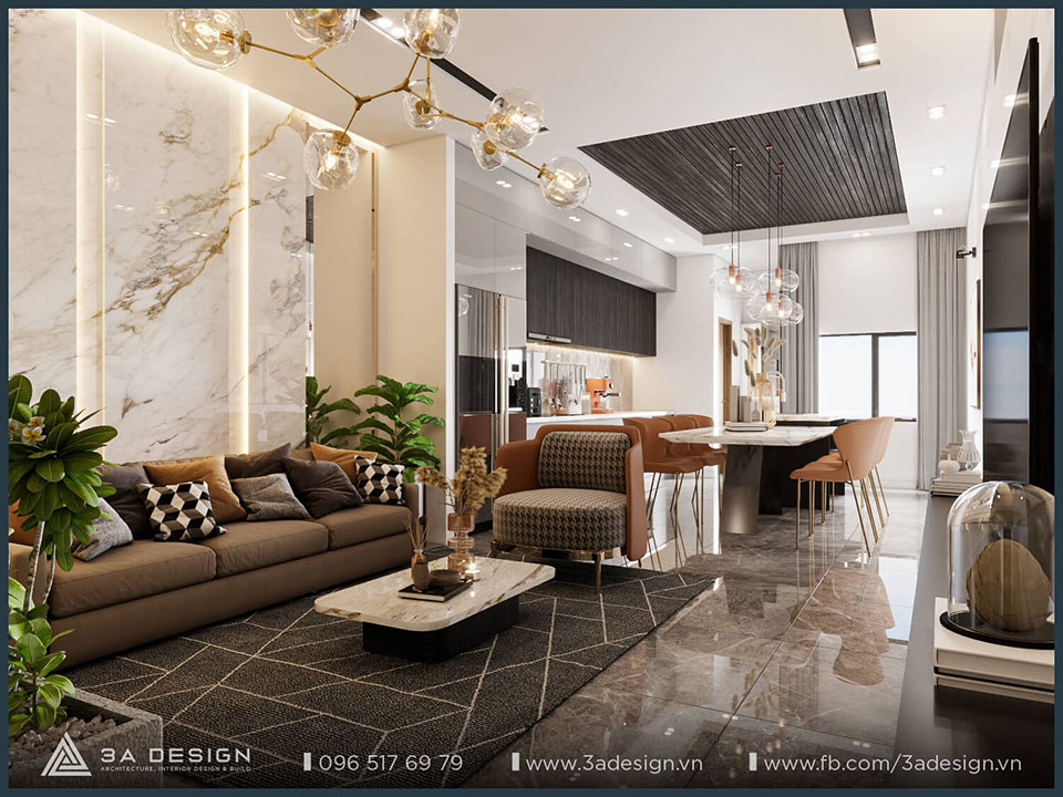 Nội thất nhà phố Biên Hòa với thiết kế phòng khách và bếp liên thông, giải pháp tối ưu diện tích và ánh sáng.