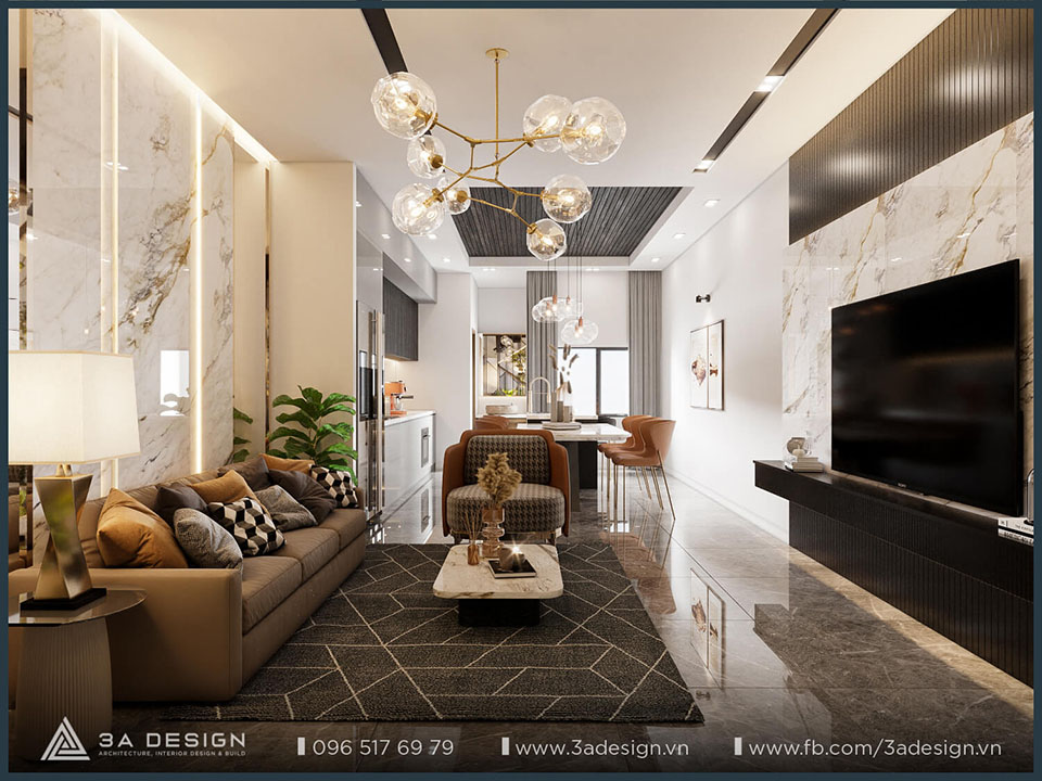 Nội thất phòng khách nhà phố hiện đại với tiểu cảnh cây xanh, sofa màu  và vách gỗ trang trí, thể hiện triết lý thiết kế nhà ở tinh tế.