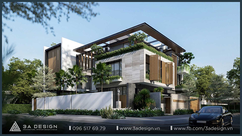 Nhà phố hiện đại hai mặt tiền với thiết kế sang trọng, cây xanh và vật liệu tự nhiên