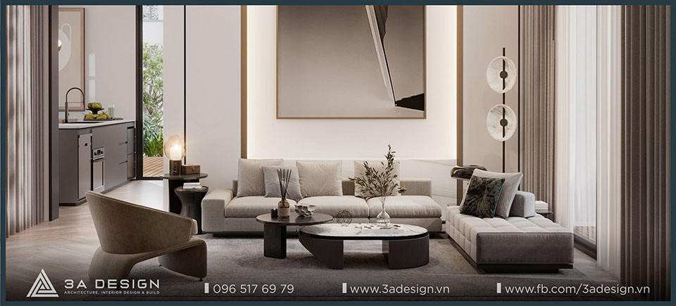 Phòng khách phong cách hiện đại với sofa góc màu trung tính, bàn trà tròn, đèn sàn lạ mắt và ánh sáng tự nhiên tràn ngập qua rèm cửa.
