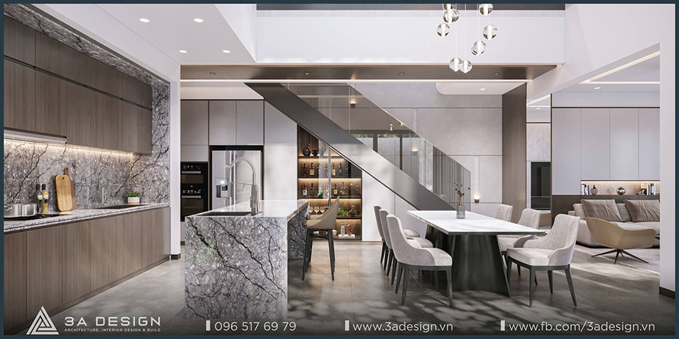 nội thất phòng bếp hiện đại, với tủ bếp màu trắng, bàn ăn mặt đá và đèn LED chiếu sáng